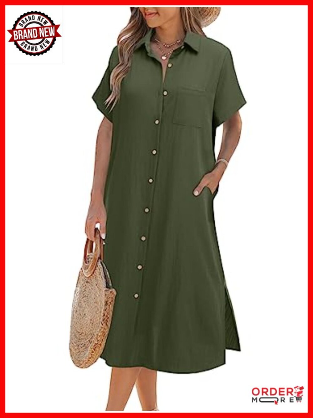 Short Sleeve Button Down Shirt Dress with Pockets, Lightweight Rayon Blend - Picture 1 of 6